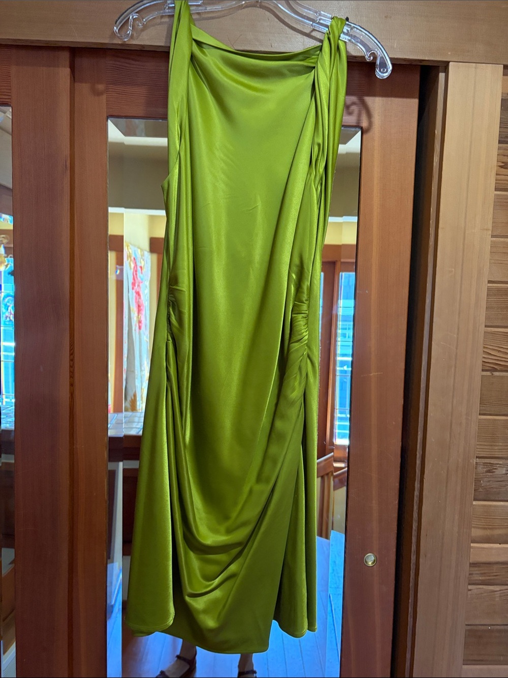 Top Shop Chartreuse Cocktail Dress with Ruched Sides.  Size 14. Hits at knee.